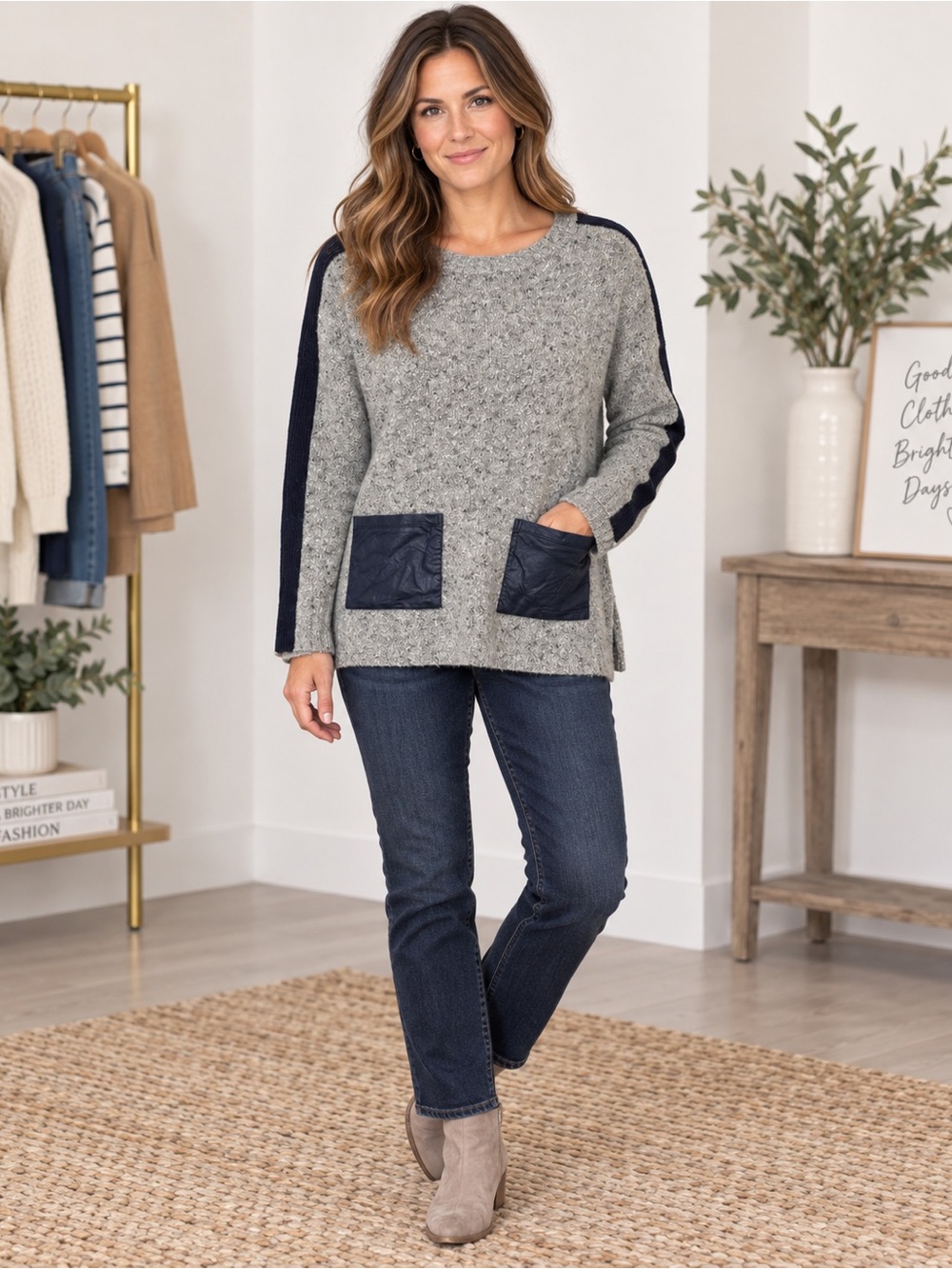 TOMMY HILFIGER WOOL COTTON BLEND CREWNECK SWEATER PATCH POCKETS GREY BLUE XL